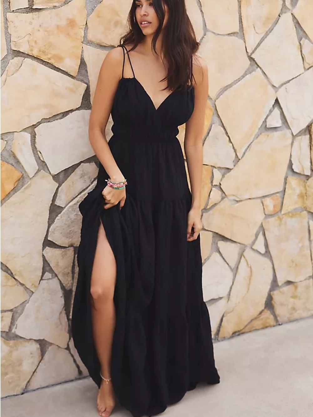 Hutch Anthropologie Black Tiered Maxi Dress Spaghetti Strap V-Neck M Witchy